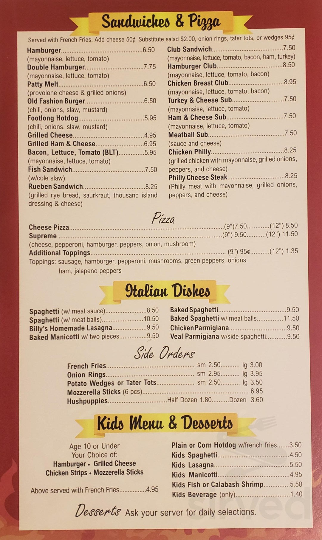 Picture of: Billy’s Barbeque Family Restaurant menu in Mt Holly, North