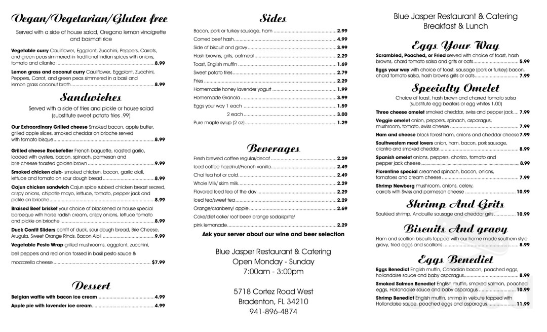 Picture of: Blue jasper restaurant and catering menu in Bradenton, Florida, USA