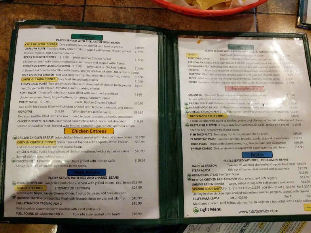 Picture of: Carta de Tilo Mexican Restaurant, San Antonio, West Ave