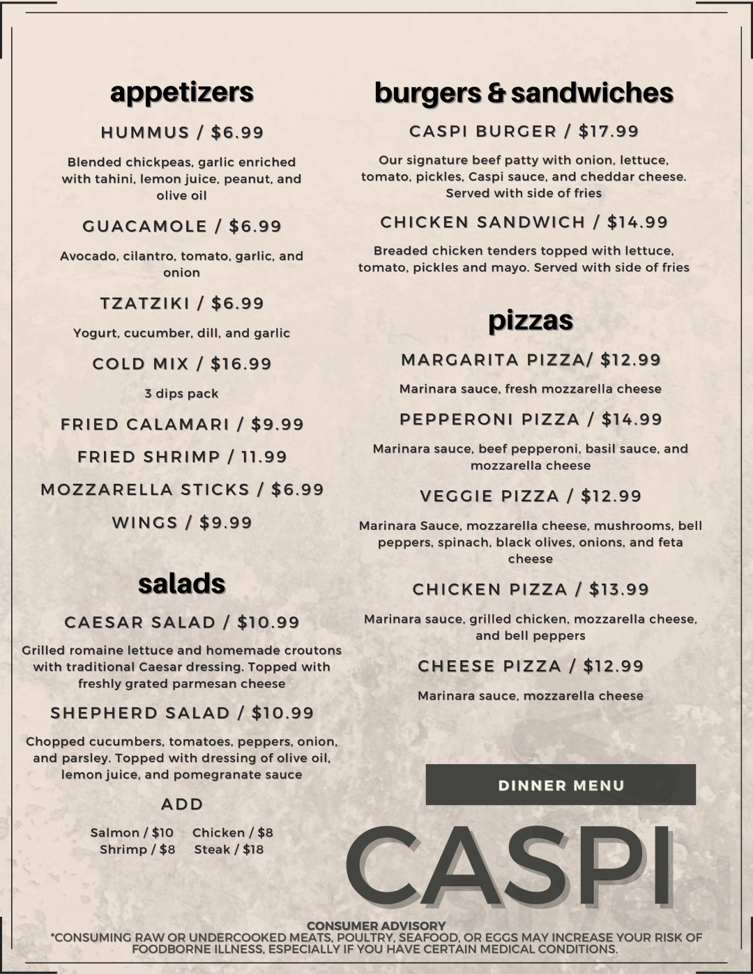 Picture of: Caspi Restaurant and Lounge menu in Arlington, Virginia, USA