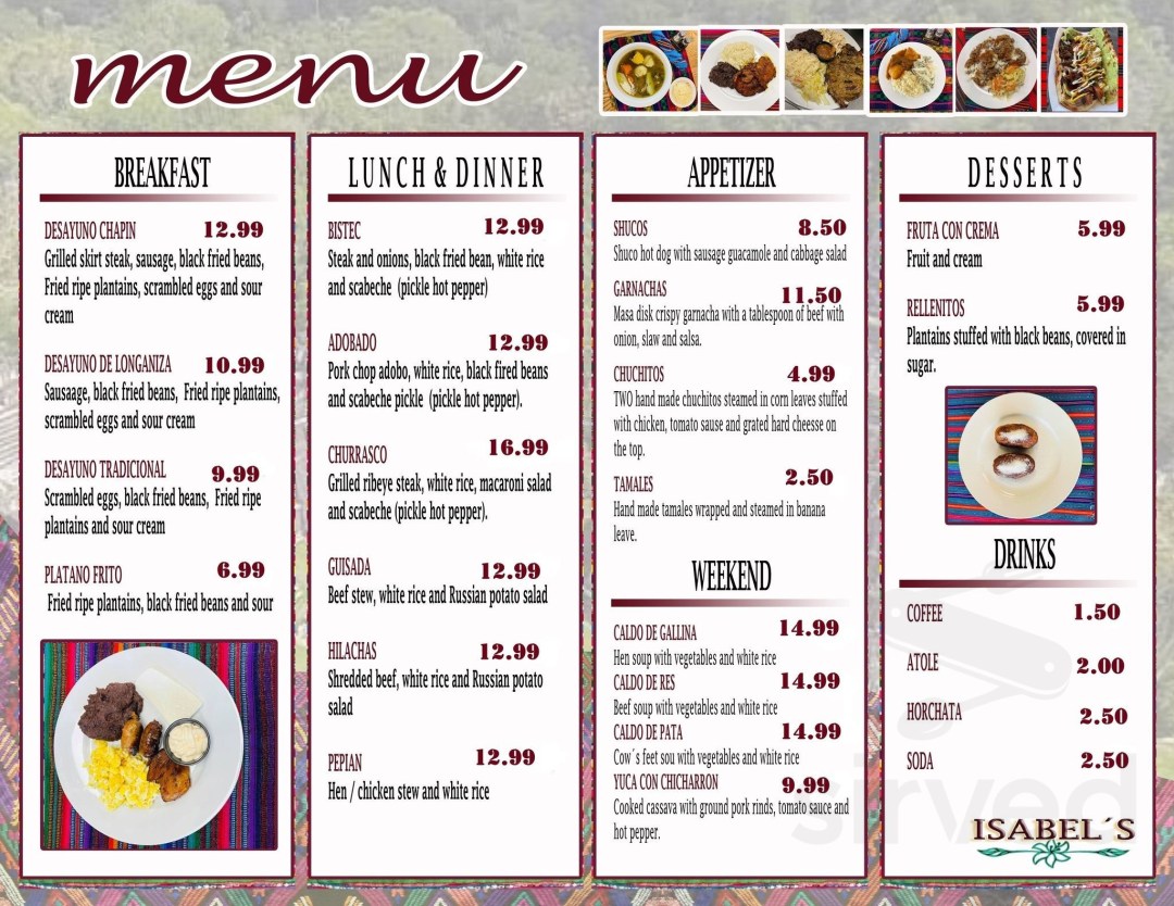 Picture of: Isabel’s guatemalan restaurant & bakery menu in Dallas, Texas, USA