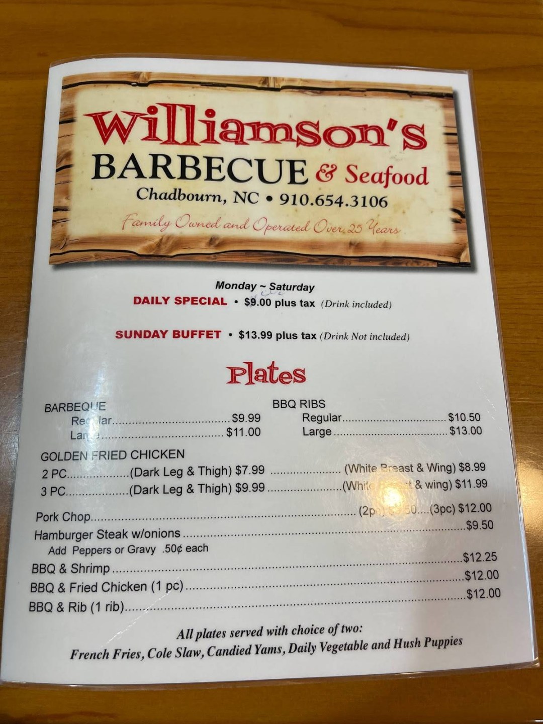 Picture of: Menu at Williamson’s Barbecue Restaurant, Chadbourn, N Brown St