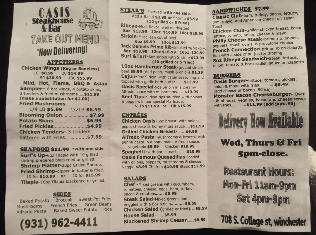 Picture of: Oasis Steakhouse menu in Winchester, Tennessee, USA