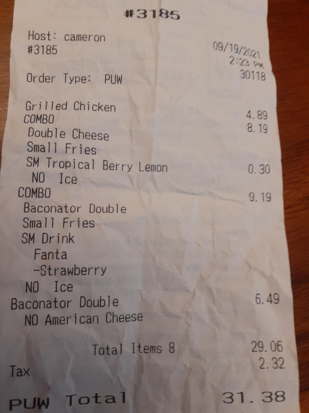 Picture of: Order number on Wendy’s receipt was  less than cost