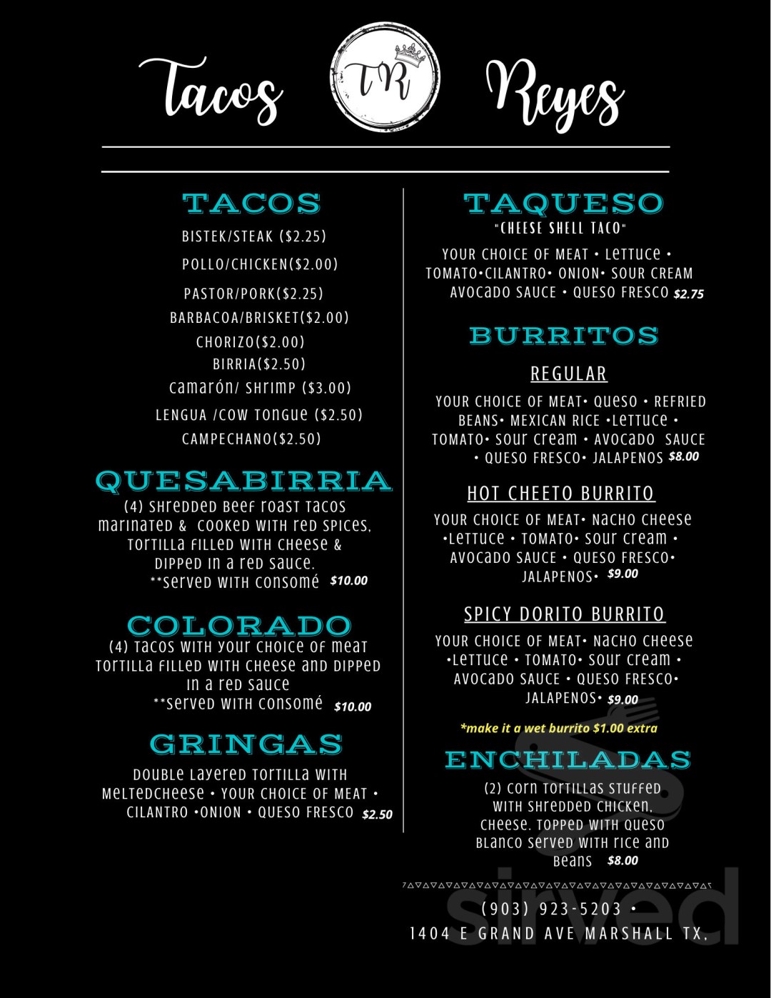 Picture of: Tacos Reyes Restaurant menu in Marshall, Texas, USA