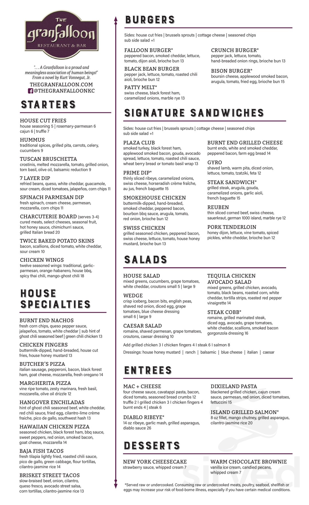 Picture of: The Granfalloon Restaurant And Bar menu in Kansas City, Missouri, USA