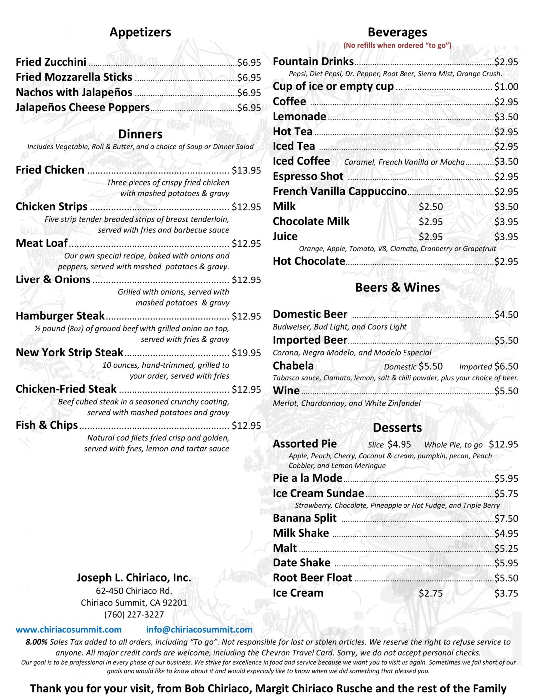 Picture of: Chiriaco Summit Restaurant menu in Chiriaco Summit, California, USA