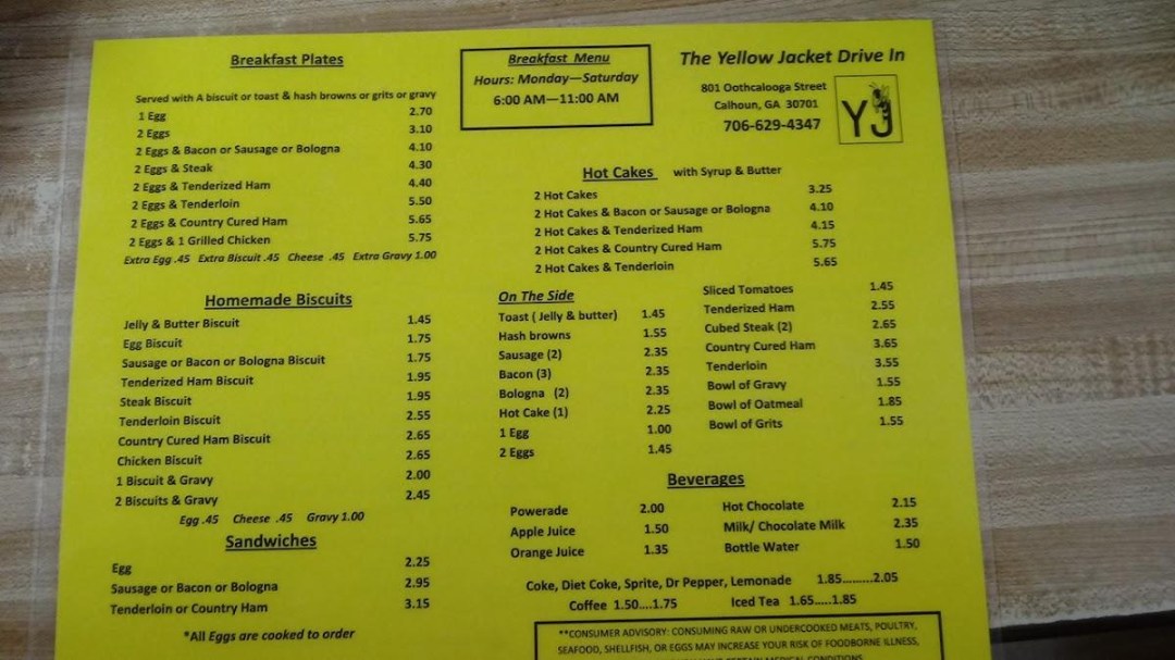 Picture of: Menu at Yellow Jacket Drive In Restaurant, Calhoun